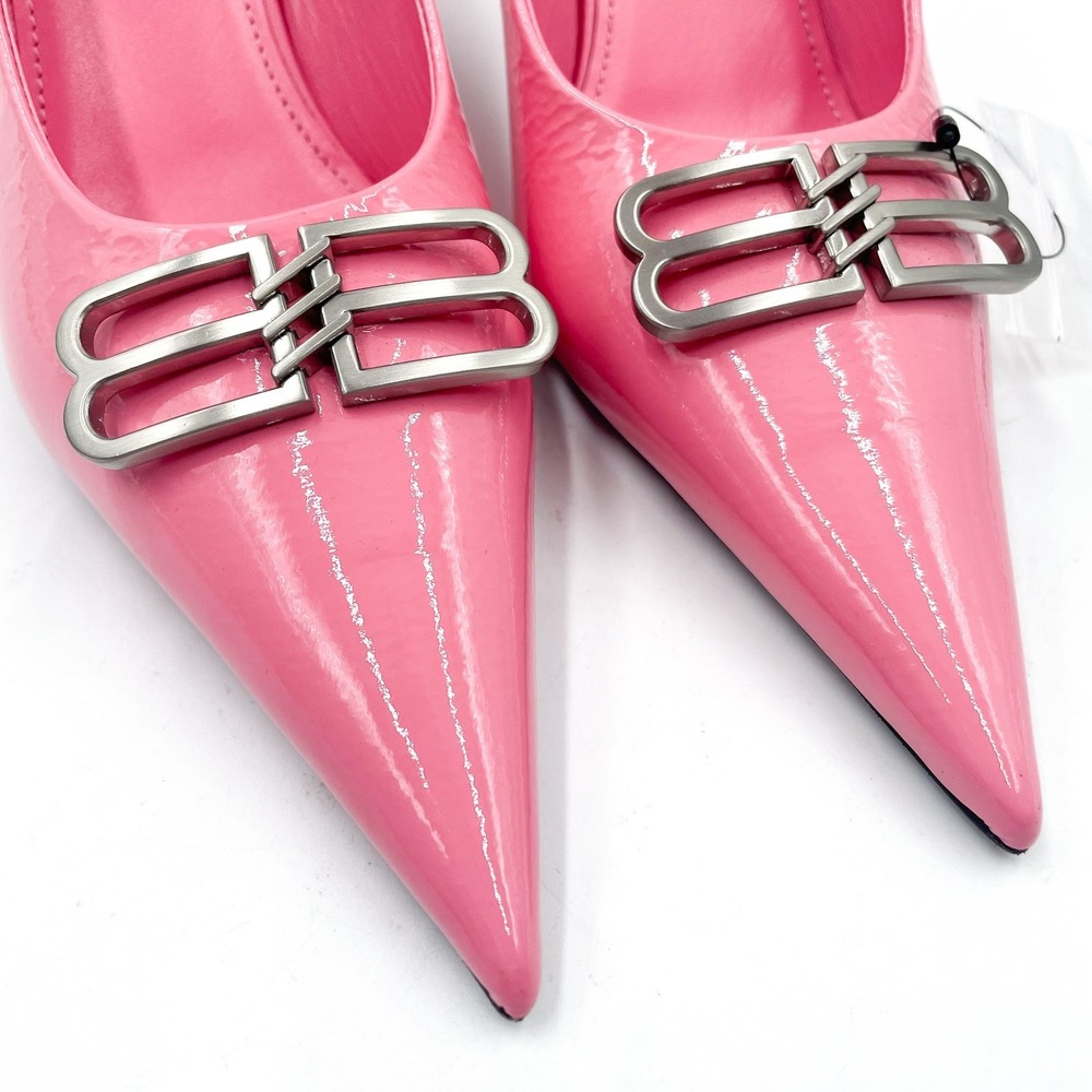 Balenciaga BB Square Knife Pumps Pink Patent Leather Pointed Tie Sz 38 / 8 - Picture 5 of 14